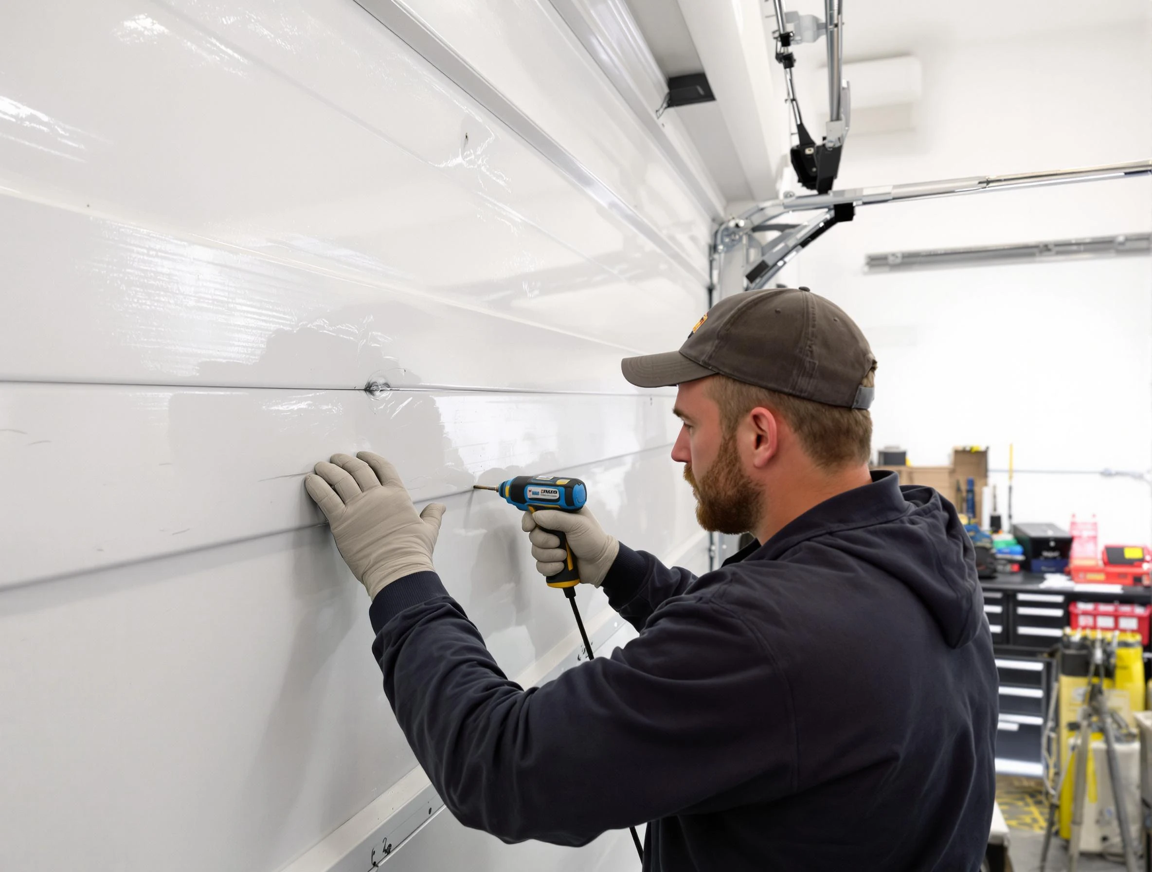 Lithia Springs Garage Door Repair technician demonstrating precision dent removal techniques on a Lithia Springs garage door